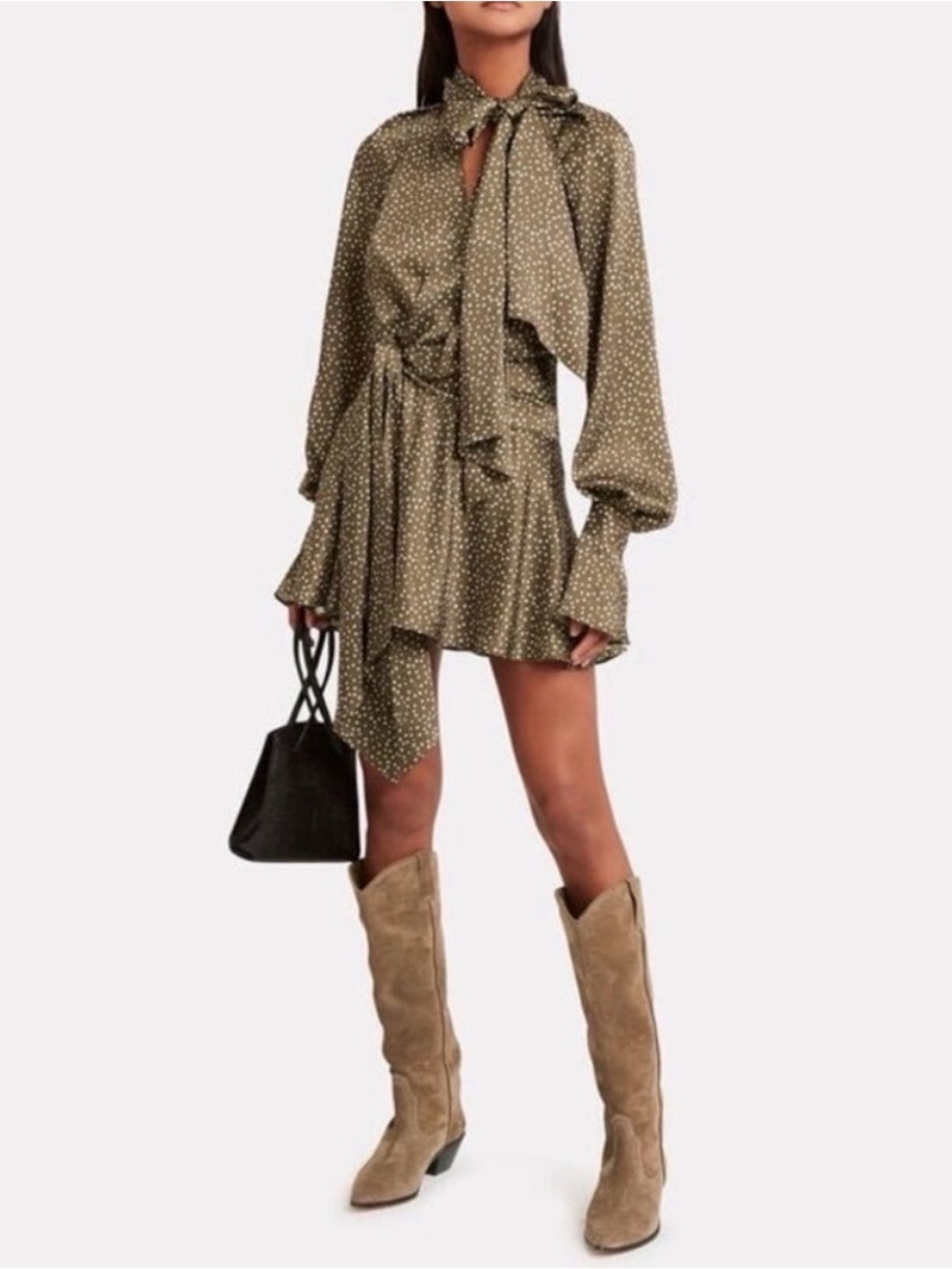 Acler Doheny Tie Neck Polka Dot Dress (Olive) Size 4
